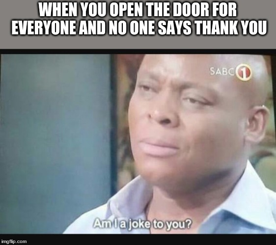 Am I a joke to you? | WHEN YOU OPEN THE DOOR FOR EVERYONE AND NO ONE SAYS THANK YOU | image tagged in am i a joke to you | made w/ Imgflip meme maker