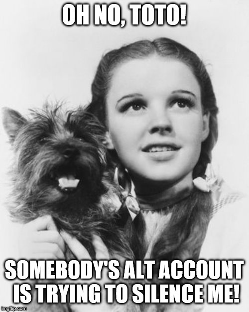 Dorothy black & white | OH NO, TOTO! SOMEBODY'S ALT ACCOUNT IS TRYING TO SILENCE ME! | image tagged in dorothy black  white | made w/ Imgflip meme maker
