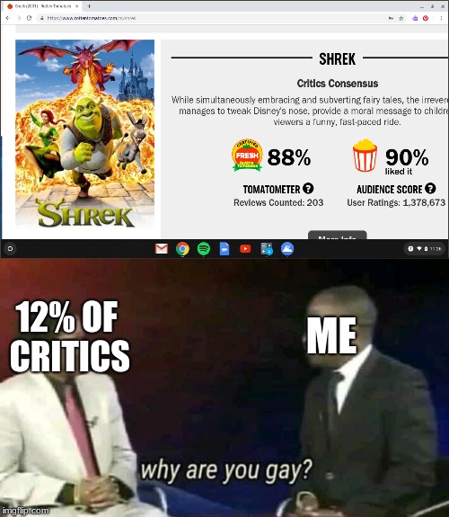 Why are you gay? | 12% OF CRITICS; ME | image tagged in why are you gay | made w/ Imgflip meme maker