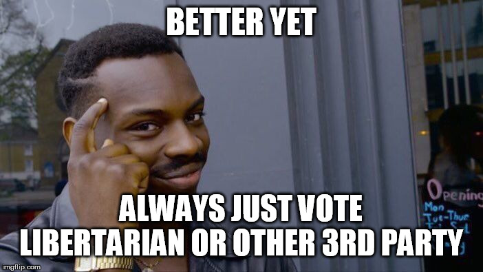 Roll Safe Think About It Meme | BETTER YET ALWAYS JUST VOTE LIBERTARIAN OR OTHER 3RD PARTY | image tagged in memes,roll safe think about it | made w/ Imgflip meme maker