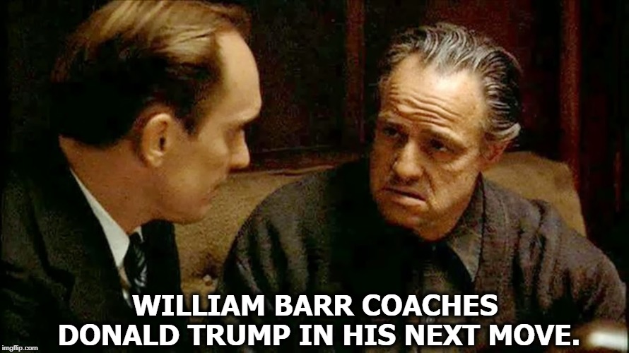 WILLIAM BARR COACHES DONALD TRUMP IN HIS NEXT MOVE. | image tagged in barr,trump,godfather,brando,duvall | made w/ Imgflip meme maker