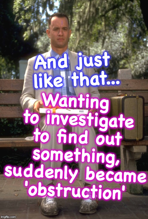 Forrest Gump | Wanting to investigate to find out something, suddenly became 'obstruction'; And just like that... | image tagged in forrest gump | made w/ Imgflip meme maker