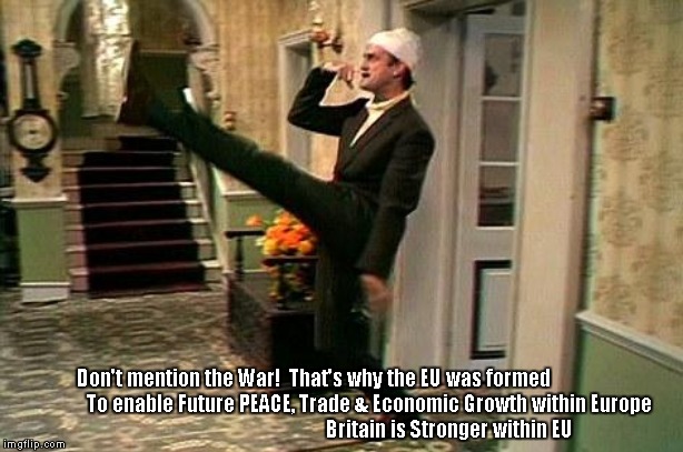 fawlty nazi | Don't mention the War!  That's why the EU was formed                         To enable Future PEACE, Trade & Economic Growth within Europe                                                  Britain is Stronger within EU | image tagged in fawlty nazi | made w/ Imgflip meme maker
