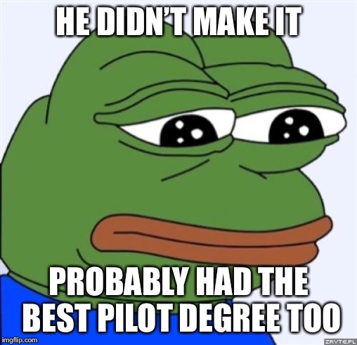 sad frog | HE DIDN’T MAKE IT PROBABLY HAD THE BEST PILOT DEGREE TOO | image tagged in sad frog | made w/ Imgflip meme maker