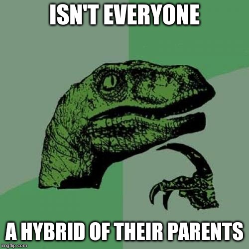 Philosoraptor | ISN'T EVERYONE; A HYBRID OF THEIR PARENTS | image tagged in memes,philosoraptor | made w/ Imgflip meme maker