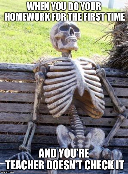 Waiting Skeleton | WHEN YOU DO YOUR HOMEWORK FOR THE FIRST TIME; AND YOU’RE TEACHER DOESN’T CHECK IT | image tagged in memes,waiting skeleton | made w/ Imgflip meme maker