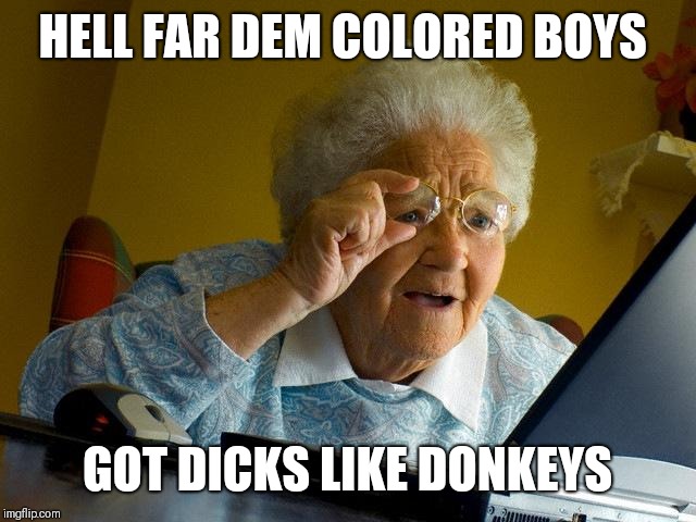 Grandma Finds The Internet Meme | HELL FAR DEM COLORED BOYS; GOT DICKS LIKE DONKEYS | image tagged in memes,grandma finds the internet | made w/ Imgflip meme maker