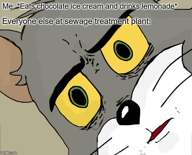 Be careful what you do and where. | Me: *Eats chocolate ice cream and drinks lemonade*; Everyone else at sewage treatment plant: | image tagged in memes,unsettled tom,ice cream | made w/ Imgflip meme maker
