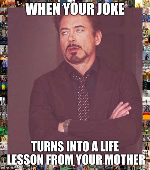 Face You Make Robert Downey Jr Meme | WHEN YOUR JOKE; TURNS INTO A LIFE LESSON FROM YOUR MOTHER | image tagged in memes,face you make robert downey jr | made w/ Imgflip meme maker