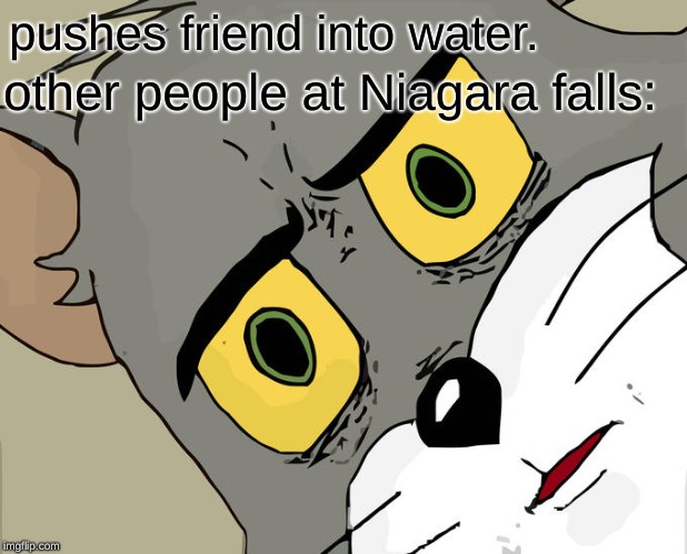 Unsettled Tom Meme | pushes friend into water. other people at Niagara falls: | image tagged in memes,unsettled tom | made w/ Imgflip meme maker