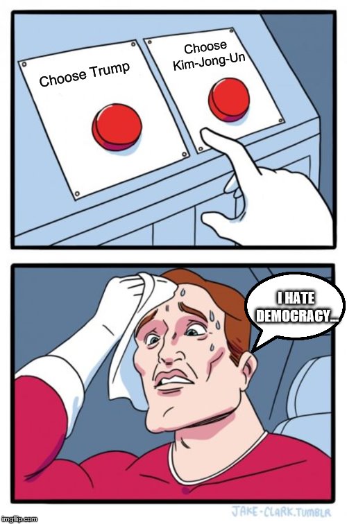 Two Buttons | Choose Kim-Jong-Un; Choose Trump; I HATE DEMOCRACY... | image tagged in memes,two buttons | made w/ Imgflip meme maker