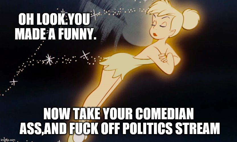 Tinkerbell | OH LOOK.YOU MADE A FUNNY. NOW TAKE YOUR COMEDIAN ASS,AND F**K OFF POLITICS STREAM | image tagged in tinkerbell | made w/ Imgflip meme maker