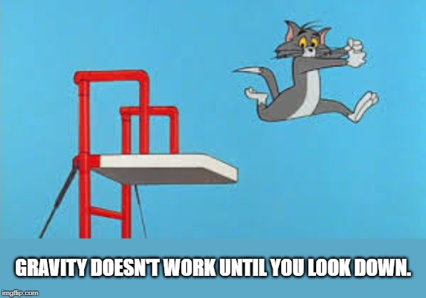 GRAVITY DOESN'T WORK UNTIL YOU LOOK DOWN. | image tagged in gravity | made w/ Imgflip meme maker