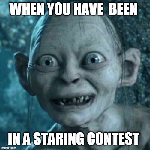 Gollum | WHEN YOU HAVE  BEEN; IN A STARING CONTEST | image tagged in memes,gollum | made w/ Imgflip meme maker