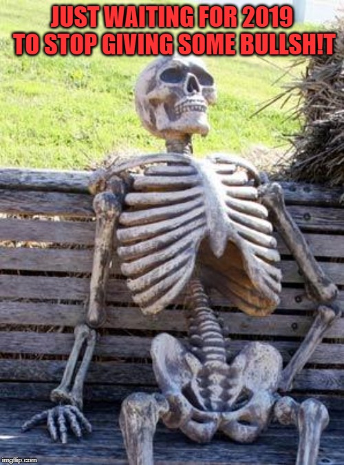 Waiting Skeleton | JUST WAITING FOR 2019 TO STOP GIVING SOME BULLSH!T | image tagged in memes,waiting skeleton | made w/ Imgflip meme maker