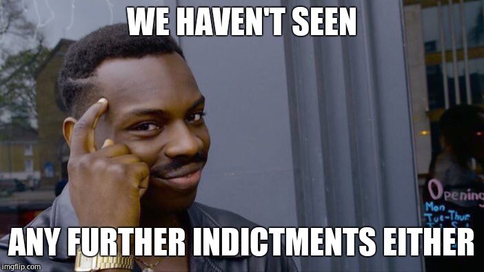 Roll Safe Think About It Meme | WE HAVEN'T SEEN ANY FURTHER INDICTMENTS EITHER | image tagged in memes,roll safe think about it | made w/ Imgflip meme maker