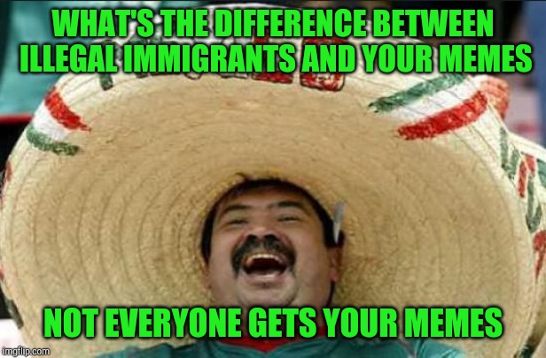Happy Mexican | WHAT'S THE DIFFERENCE BETWEEN ILLEGAL IMMIGRANTS AND YOUR MEMES; NOT EVERYONE GETS YOUR MEMES | image tagged in mexican word of the day,happy mexican | made w/ Imgflip meme maker