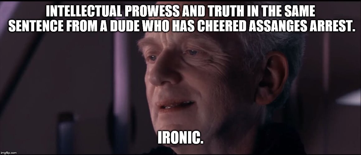 Palpatine Ironic  | INTELLECTUAL PROWESS AND TRUTH IN THE SAME SENTENCE FROM A DUDE WHO HAS CHEERED ASSANGES ARREST. IRONIC. | image tagged in palpatine ironic | made w/ Imgflip meme maker