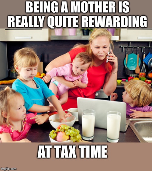 April 15th is fast approaching | BEING A MOTHER IS REALLY QUITE REWARDING; AT TAX TIME | image tagged in pay your taxes,not sure about flippers elsewhere,but in the usa they are due | made w/ Imgflip meme maker
