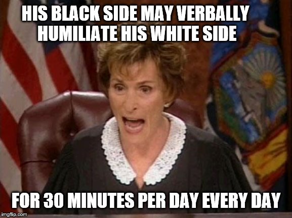 Judge Judy | HIS BLACK SIDE MAY VERBALLY HUMILIATE HIS WHITE SIDE FOR 30 MINUTES PER DAY EVERY DAY | image tagged in judge judy | made w/ Imgflip meme maker