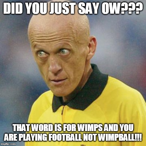 Are you serious? (Football) | DID YOU JUST SAY OW??? THAT WORD IS FOR WIMPS AND YOU ARE PLAYING FOOTBALL NOT WIMPBALL!!! | image tagged in are you serious football | made w/ Imgflip meme maker