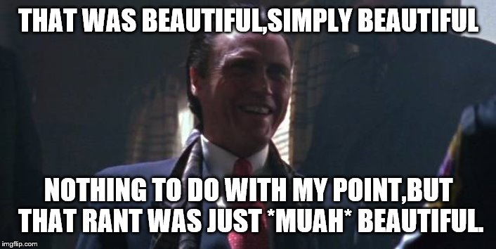 THAT WAS BEAUTIFUL,SIMPLY BEAUTIFUL NOTHING TO DO WITH MY POINT,BUT THAT RANT WAS JUST *MUAH* BEAUTIFUL. | made w/ Imgflip meme maker