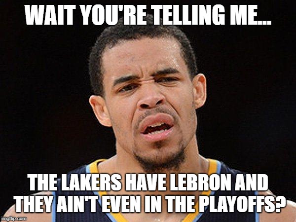 javale mcgee | WAIT YOU'RE TELLING ME... THE LAKERS HAVE LEBRON AND THEY AIN'T EVEN IN THE PLAYOFFS? | image tagged in javale mcgee | made w/ Imgflip meme maker