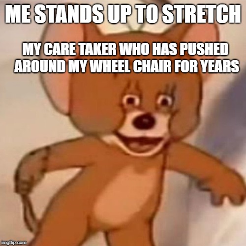 Polish Jerry | ME STANDS UP TO STRETCH; MY CARE TAKER WHO HAS PUSHED AROUND MY WHEEL CHAIR FOR YEARS | image tagged in polish jerry | made w/ Imgflip meme maker