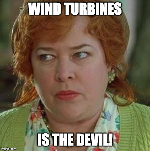 waterboy mom | WIND TURBINES; IS THE DEVIL! | image tagged in waterboy mom | made w/ Imgflip meme maker