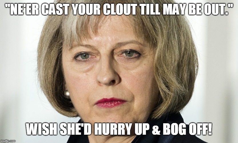 theresa may | "NE'ER CAST YOUR CLOUT TILL MAY BE OUT."; WISH SHE'D HURRY UP & BOG OFF! | image tagged in theresa may | made w/ Imgflip meme maker