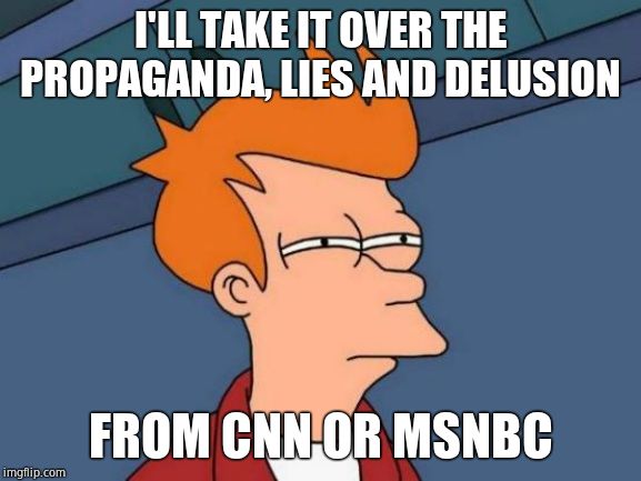 Futurama Fry Meme | I'LL TAKE IT OVER THE PROPAGANDA, LIES AND DELUSION FROM CNN OR MSNBC | image tagged in memes,futurama fry | made w/ Imgflip meme maker