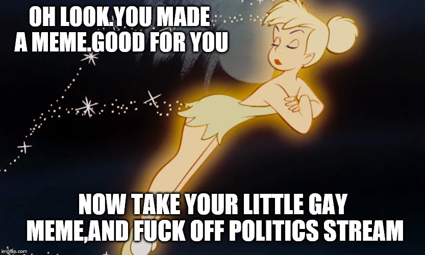 Tinkerbell | OH LOOK.YOU MADE A MEME.GOOD FOR YOU NOW TAKE YOUR LITTLE GAY MEME,AND F**K OFF POLITICS STREAM | image tagged in tinkerbell | made w/ Imgflip meme maker