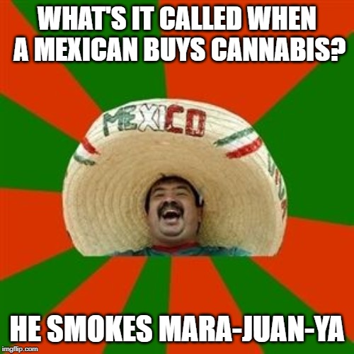 succesful mexican | WHAT'S IT CALLED WHEN A MEXICAN BUYS CANNABIS? HE SMOKES MARA-JUAN-YA | image tagged in succesful mexican | made w/ Imgflip meme maker