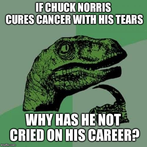 Philosoraptor | IF CHUCK NORRIS CURES CANCER WITH HIS TEARS; WHY HAS HE NOT CRIED ON HIS CAREER? | image tagged in memes,philosoraptor | made w/ Imgflip meme maker