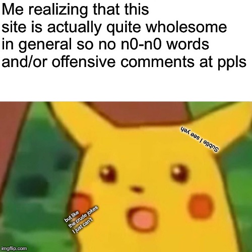 The wholesomeness. It BurrRRrRNs | Me realizing that this site is actually quite wholesome in general so no n0-n0 words and/or offensive comments at ppls; Subtle I see yeh; but like the crude jokes I just can’t | image tagged in memes,surprised pikachu,dank,nice,community | made w/ Imgflip meme maker