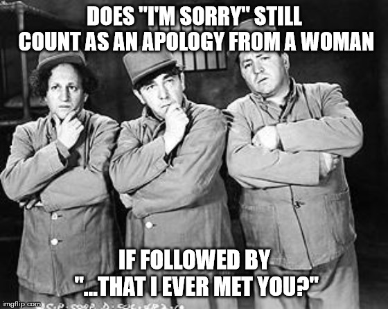 Three Stooges Thinking | DOES "I'M SORRY" STILL COUNT AS AN APOLOGY FROM A WOMAN; IF FOLLOWED BY "...THAT I EVER MET YOU?" | image tagged in three stooges thinking | made w/ Imgflip meme maker