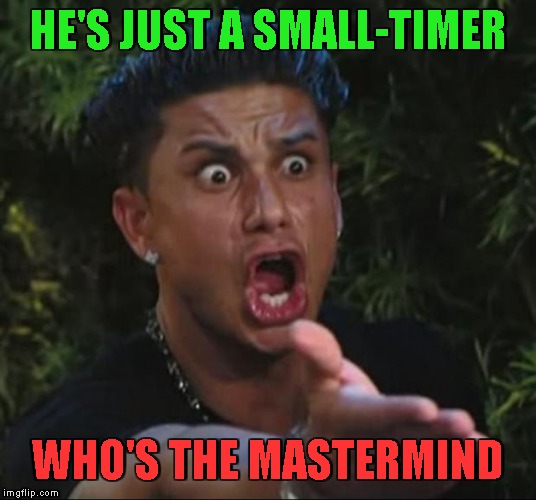 DJ Pauly D Meme | HE'S JUST A SMALL-TIMER WHO'S THE MASTERMIND | image tagged in memes,dj pauly d | made w/ Imgflip meme maker