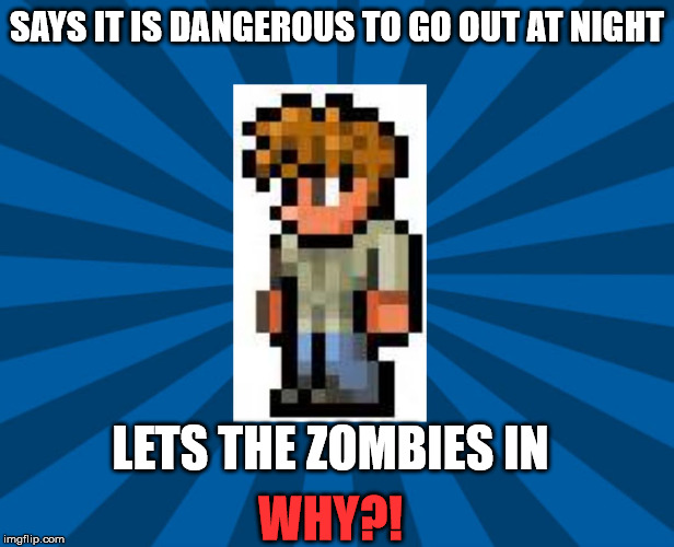 Terraria Guide | SAYS IT IS DANGEROUS TO GO OUT AT NIGHT; LETS THE ZOMBIES IN; WHY?! | image tagged in terraria guide | made w/ Imgflip meme maker