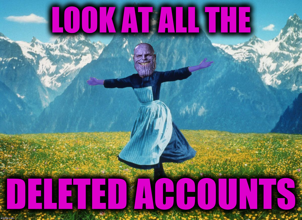Look at all these Thanos | LOOK AT ALL THE; DELETED ACCOUNTS | image tagged in look at all these thanos | made w/ Imgflip meme maker