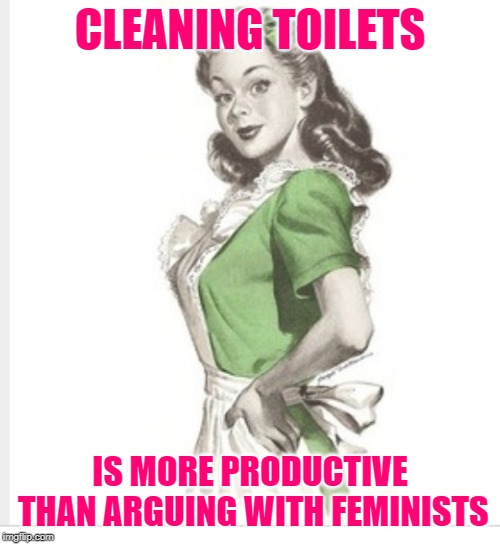 Cleaning Toilets Matters | CLEANING TOILETS; IS MORE PRODUCTIVE THAN ARGUING WITH FEMINISTS | image tagged in 50's housewife,funny memes,housework,housewife,feminism,lol so funny | made w/ Imgflip meme maker