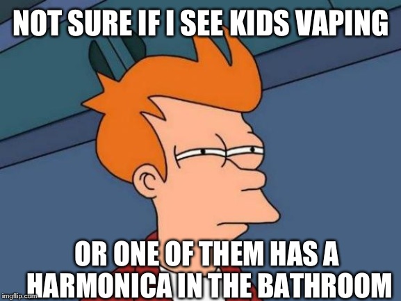 Futurama Fry Meme | NOT SURE IF I SEE KIDS VAPING; OR ONE OF THEM HAS A HARMONICA IN THE BATHROOM | image tagged in memes,futurama fry | made w/ Imgflip meme maker