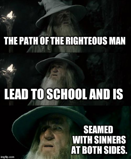 Confused Gandalf Meme | THE PATH OF THE RIGHTEOUS MAN LEAD TO SCHOOL AND IS SEAMED WITH SINNERS AT BOTH SIDES. | image tagged in memes,confused gandalf | made w/ Imgflip meme maker