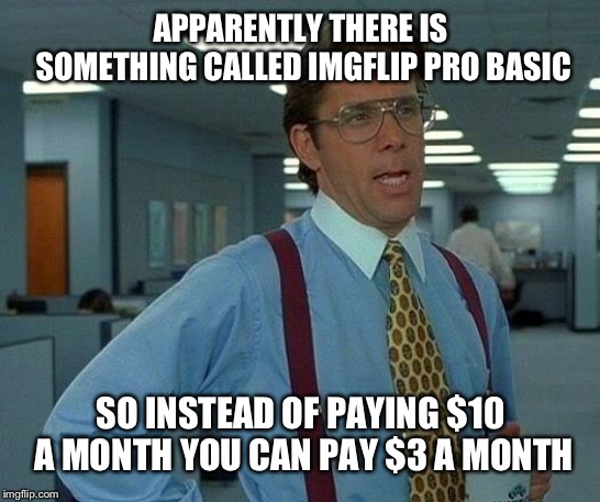 That Would Be Great Meme | APPARENTLY THERE IS SOMETHING CALLED IMGFLIP PRO BASIC; SO INSTEAD OF PAYING $10 A MONTH YOU CAN PAY $3 A MONTH | image tagged in memes,that would be great | made w/ Imgflip meme maker