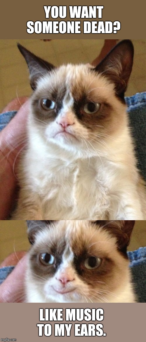 YOU WANT SOMEONE DEAD? LIKE MUSIC TO MY EARS. | image tagged in memes,grumpy cat,grumpy happy cat | made w/ Imgflip meme maker