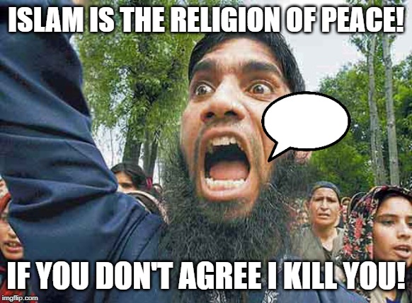 Crazed Muslim | ISLAM IS THE RELIGION OF PEACE! IF YOU DON'T AGREE I KILL YOU! | image tagged in crazed muslim | made w/ Imgflip meme maker