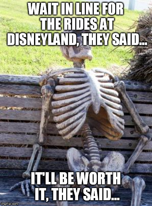 Waiting Skeleton | WAIT IN LINE FOR THE RIDES AT DISNEYLAND, THEY SAID... IT'LL BE WORTH IT, THEY SAID... | image tagged in memes,waiting skeleton | made w/ Imgflip meme maker
