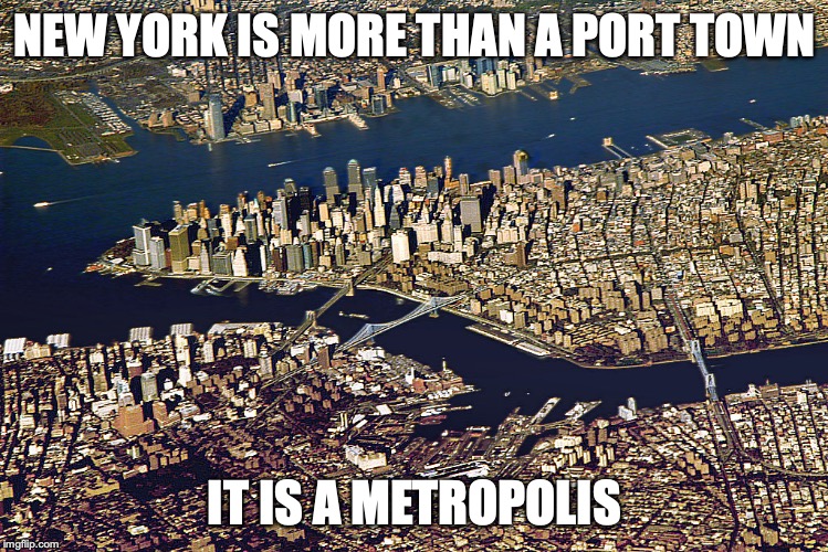 Downtown Manhattan Aerial View | NEW YORK IS MORE THAN A PORT TOWN; IT IS A METROPOLIS | image tagged in manhattan,downtown,new york,memes | made w/ Imgflip meme maker