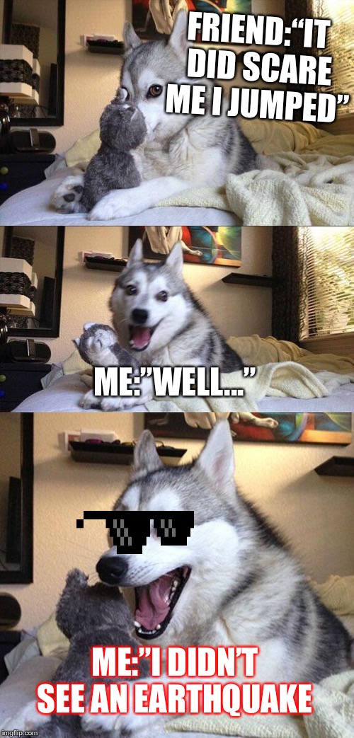 Bad Pun Dog | FRIEND:“IT DID SCARE ME I JUMPED”; ME:”WELL...”; ME:”I DIDN’T SEE AN EARTHQUAKE | image tagged in memes,bad pun dog | made w/ Imgflip meme maker