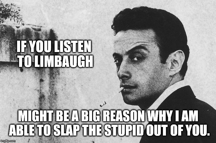 IF YOU LISTEN TO LIMBAUGH MIGHT BE A BIG REASON WHY I AM ABLE TO SLAP THE STUPID OUT OF YOU. | made w/ Imgflip meme maker