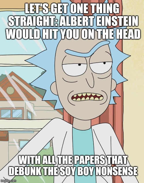Rick Sanchez | LET'S GET ONE THING STRAIGHT: ALBERT EINSTEIN WOULD HIT YOU ON THE HEAD WITH ALL THE PAPERS THAT DEBUNK THE SOY BOY NONSENSE | image tagged in rick sanchez | made w/ Imgflip meme maker